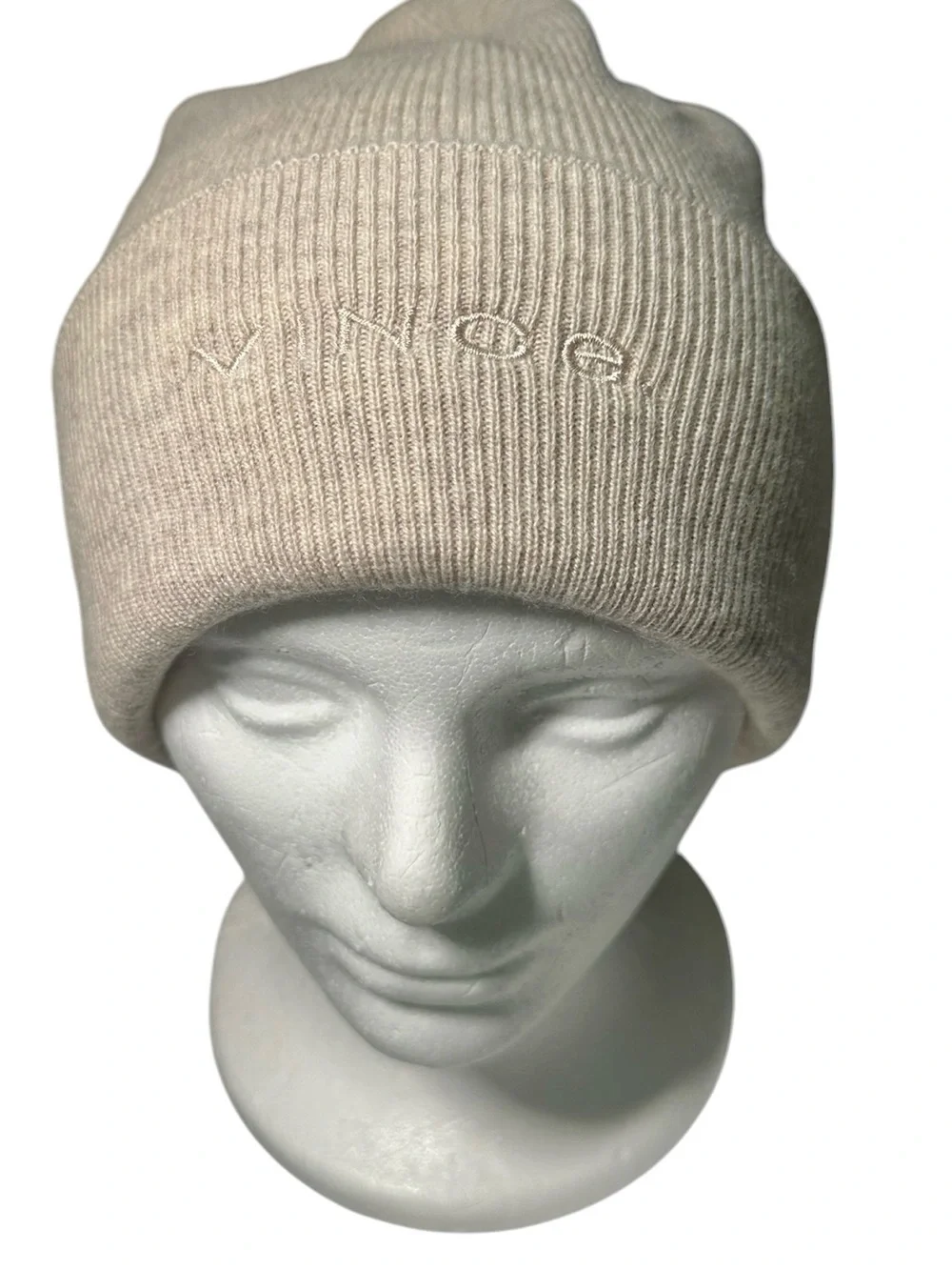 VINCE Wool Cashmere Rib Knit Beanie Hat Embroidered Logo Cuff NEW OS Oatmeal